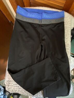 Reebok Black Leggings with Blue and Gray Branded Waistband
